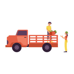 Delivery and shipment of fresh farm products isolated on white background. Flat cartoon male character on truck giving woman wooden box with ripe vegetables in vector illustration.