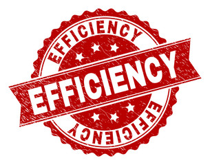 EFFICIENCY seal print with distress texture. Rubber seal imitation has round medallion form and contains ribbon. Red vector rubber print of EFFICIENCY label with dust texture.