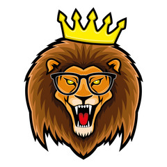 Lion in glasses and crown on white background.