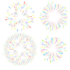 Selection of fireworks on white isolated background. Vector holiday elements for design.