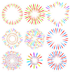 Selection of fireworks on white isolated background. Vector holiday elements for design.