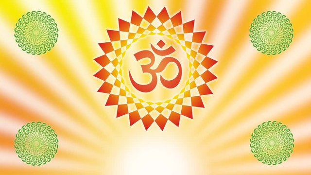 Mandala with the Aum / Om / Ohm sign against the background of the rotating rays of the rising sun. 4 small mandalas at the corners of the frame. Video.