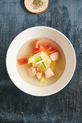 Fish Soup Bouillabaisse with Salmon or Trout