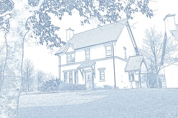 Image of house and pretty house with a blue and white filter