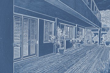 Pretty house with terrace,  with a blue and white filter 