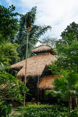 Vintage Straw thatched roof cottage in tropical forest garden, Kanchanaburi, Thailand