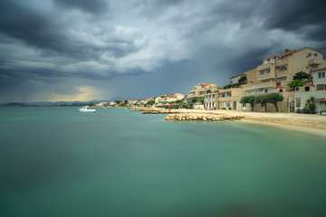 View on adriatic coast line before the storm in Croatia,long exposure