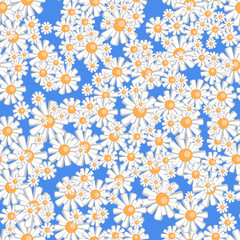 seamless texture with cartoon daisies on a blue background
