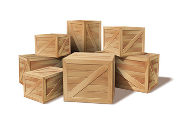 Pile of stacked sealed goods wooden boxes - 215114835