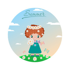 girl on a summer lawn, with red curly hair, in a wreath of daisies, with a bouquet, butterflies in a green meadow against a sky with clouds. circle image
