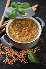 Pot of italian style soup with red lentils and pasta, vertical shot, selective focus