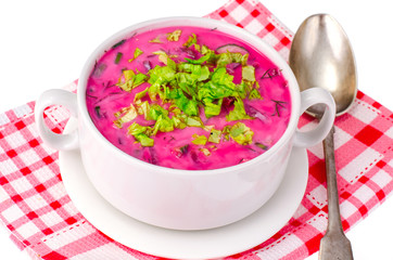 Red beet soup with greens