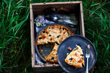mulberry white chocolate almond cake.outdoor photo