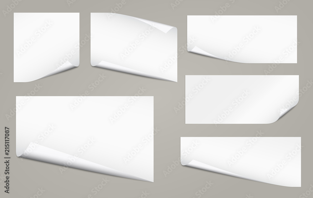 Poster set of white notebook paper with curled corners for text or advertising message on gray background