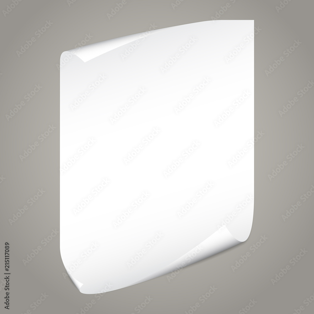 Poster white notebook paper with curled corners for text or advertising message on gray background