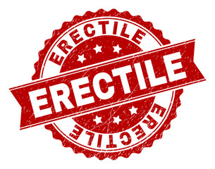 ERECTILE seal print with distress texture. Rubber seal imitation has circle medal shape and contains ribbon. Red vector rubber print of ERECTILE label with corroded texture.