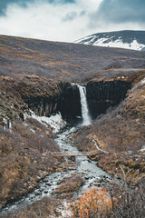 Dramatic morning view of famous Svartifoss (Black Fall) Waterfall. Colorful summer sunrise in Skaftafell, Vatnajokull National Park, Iceland, Europe. Artistic style post processed photo.