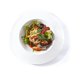 Warm Seafood Salad with Vegetables, Green Leaf Mix and Spicy Dressing