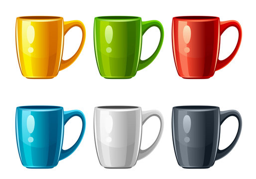 Set of multicolored cups on a white background