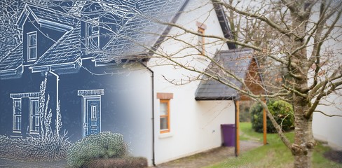 Composite image of pretty house with a blue and white filter
