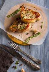 meat grilled rosemary spices wooden background

