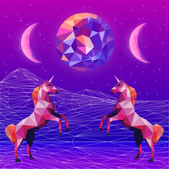 Ultraviolet vaporwave synthwave style illustration 80s - 90s colorful low poly design. Vector card illustration. Creative postmodernism artwork with unicorns in night landscape. © silviemiskova