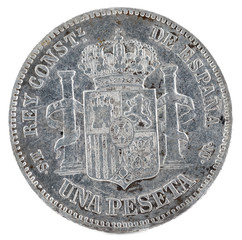 Ancient Spanish silver coin of the King Alfonso XII. 1 peseta. 1885, 18 85 in the stars. Reverse.