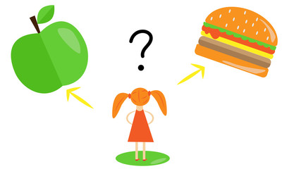 The concept of weight loss, healthy lifestyle, diet, proper nutrition. An Apple or a hamburger