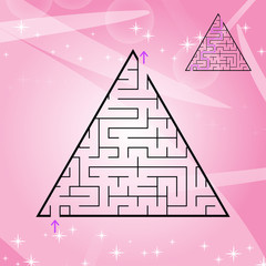 A triangular labyrinth, a pyramid with a black stroke. A game for children. A simple flat vector illustration isolated on a colored background. With the answer.