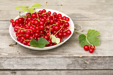 white plate with full red currant on wooden old background, green garden background on blur.