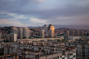 Aerial view of Sarajevo at sunset , Bosnia and Herzegovina