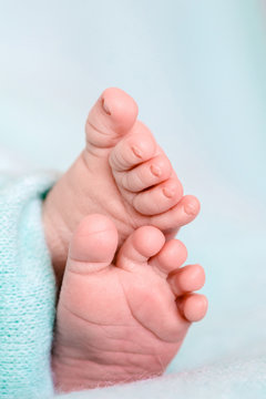 Small and soft legs of a newborn baby in a blue blanket. Baby legs close-up.