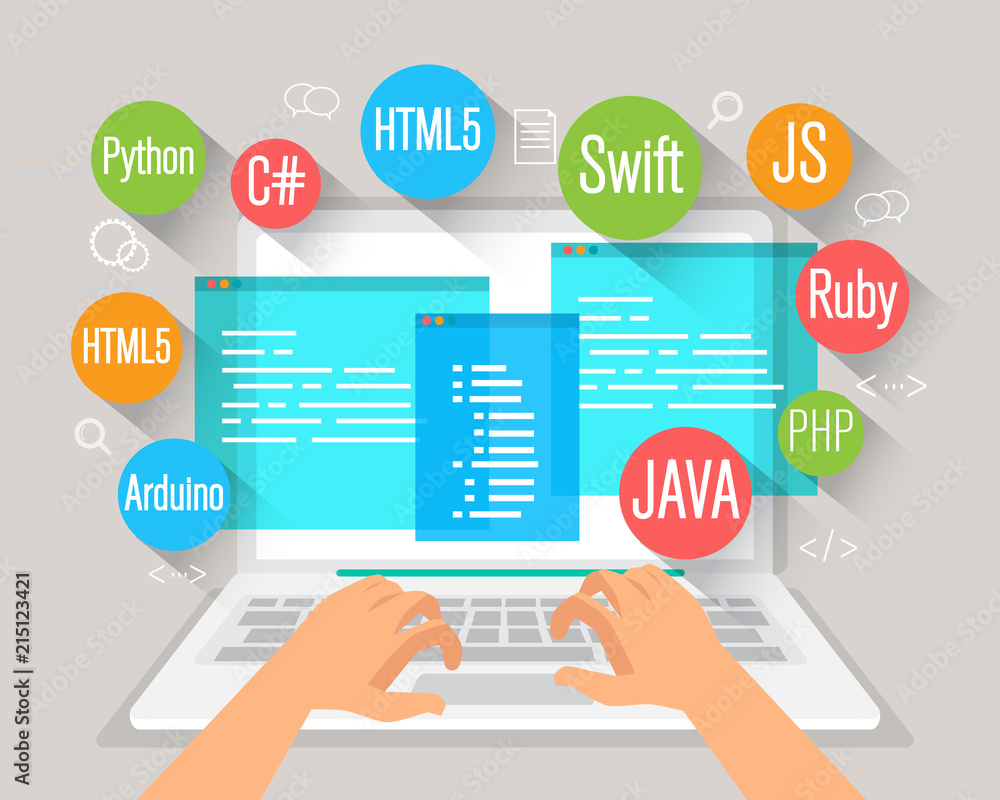 Poster programming banner, coding, best programming languages, flat illustration concept