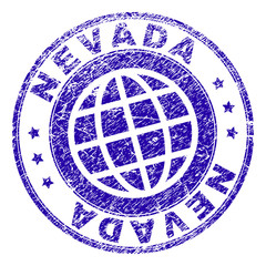 NEVADA stamp print with distress texture. Blue vector rubber seal print of NEVADA tag with retro texture. Seal has words arranged by circle and globe symbol.