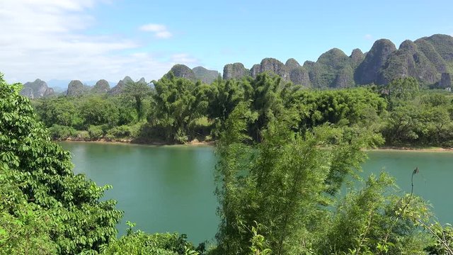 Scenic view of Li River with karst hills. Yangshuo county, Guilin, Guangxi Zhuang, China