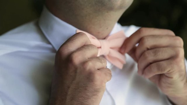 Wedding. The grooms hands in a wedding shirt straighten the butterfly. Wedding fashion. Summer.