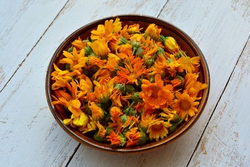 Flowers of  calendula in a ceramic plate on a white wooden table in the style of rustic close-up.