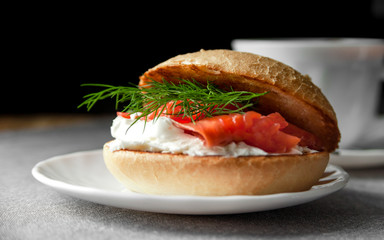 Closeup on sandwich with salmon and cream cheese