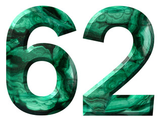 Arabic numeral 62, sixty two, from natural green malachite, isolated on white background