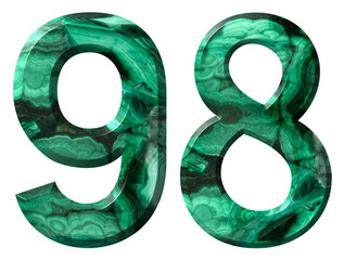 Arabic numeral 98, ninety eight, from natural green malachite, isolated on white background