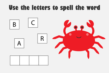Use the letters to spell the word, crab in cartoon style, educational spelling scramble game for the development of children, kids preschool activity, printable worksheet, vector illustration