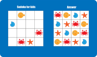 Sudoku game with ocean animals for children, easy level, education game for kids, preschool worksheet activity, task for the development of logical thinking, vector illustration - 215126238