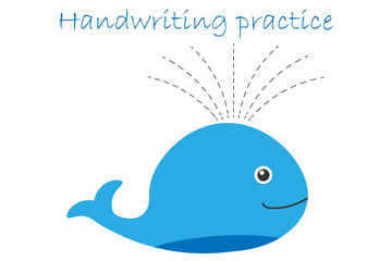 Naklejka premium Handwriting practice sheet, whale in cartoon style, kids preschool activity, educational children game, printable worksheet, writing training, vector illustration