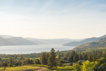 View of green fields, orchards, vineyards, lake, mountains, sky on summer evening at golden hour