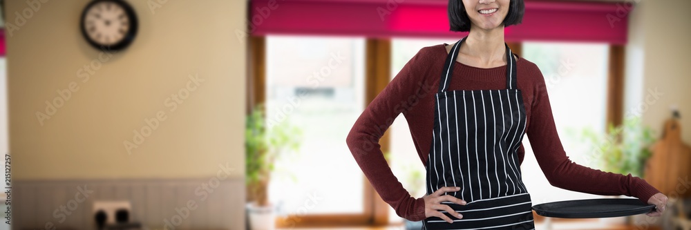 Poster composite image of smiling waitress holding empty tray against
