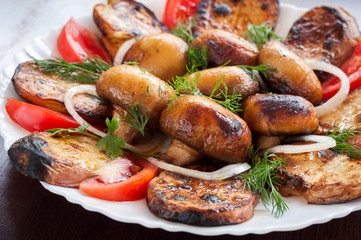 Fresh grilled vegetables in a white dish