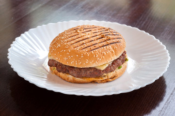 Juicy cheeseburger with cheese on a white plate