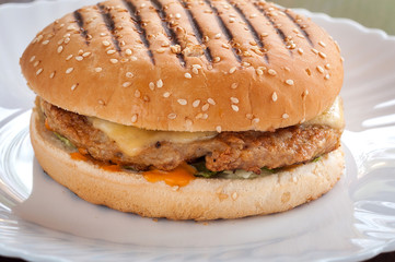 Juicy cheeseburger with cheese on a white plate