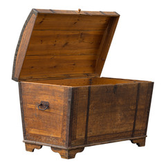 Old grungy wooden treasure chest with rusty metal decoration