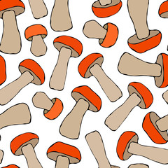 Seamless Endless Red or Orange Aspen Mushrooms Pattern. Autumn or Fall Harvest Collection. Realistic Hand Drawn High Quality Vector Illustration. Doodle Style.